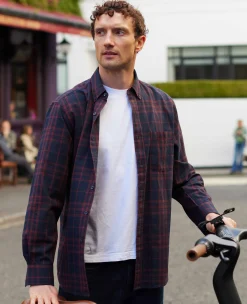 Burgundy Navy Brushed Cotton Check Classic Fit Button-Down Casual Shirt