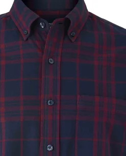 Burgundy Navy Brushed Cotton Check Classic Fit Button-Down Casual Shirt