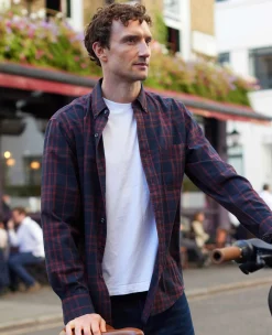 Burgundy Navy Brushed Cotton Check Classic Fit Button-Down Casual Shirt