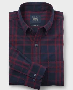Burgundy Navy Brushed Cotton Check Classic Fit Button-Down Casual Shirt