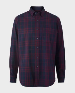Burgundy Navy Brushed Cotton Check Classic Fit Button-Down Casual Shirt