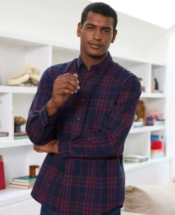 Burgundy Navy Brushed Cotton Check Classic Fit Button-Down Casual Shirt