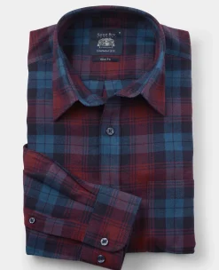Burgundy Navy Brushed Cotton Check Slim Fit Casual Shirt