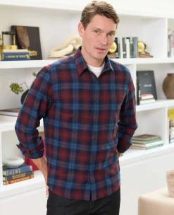 Burgundy Navy Brushed Cotton Check Slim Fit Casual Shirt