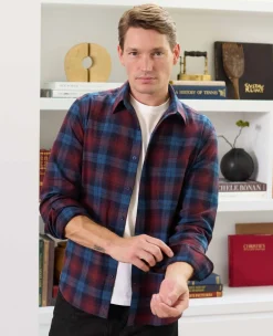 Burgundy Navy Brushed Cotton Check Slim Fit Casual Shirt