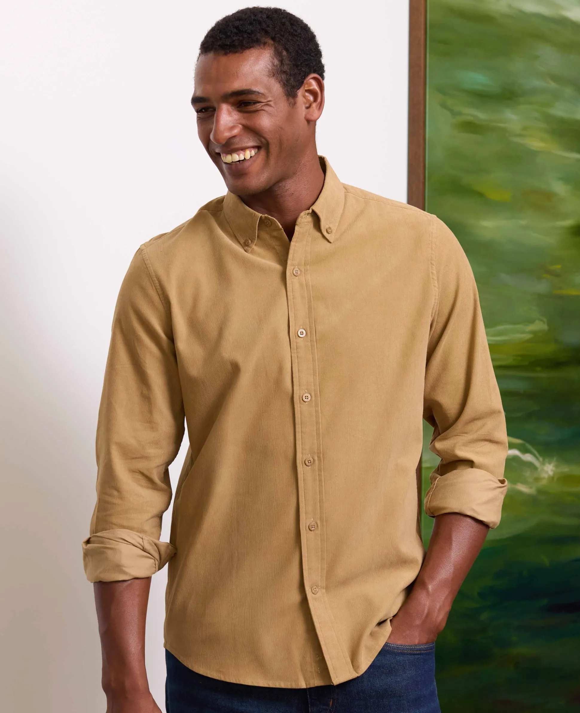 Camel Cotton Babycord Slim Fit Button-Down Casual Shirt