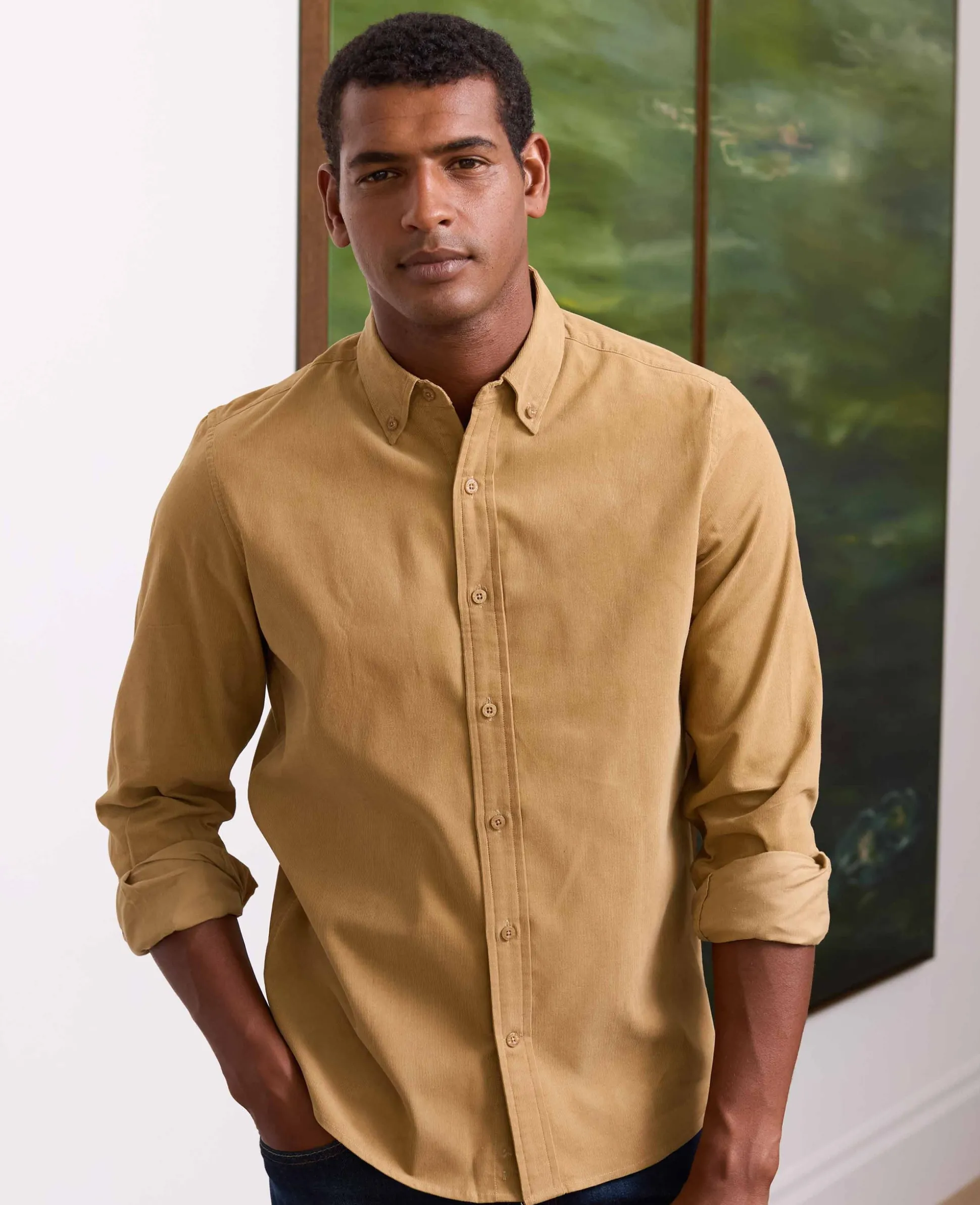 Camel Cotton Babycord Slim Fit Button-Down Casual Shirt