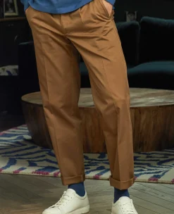 Cappuccino Brown Stretch Cotton Classic Fit Pleated Chinos