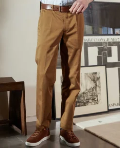 Cappuccino Brown Stretch Cotton Classic Fit Pleated Chinos