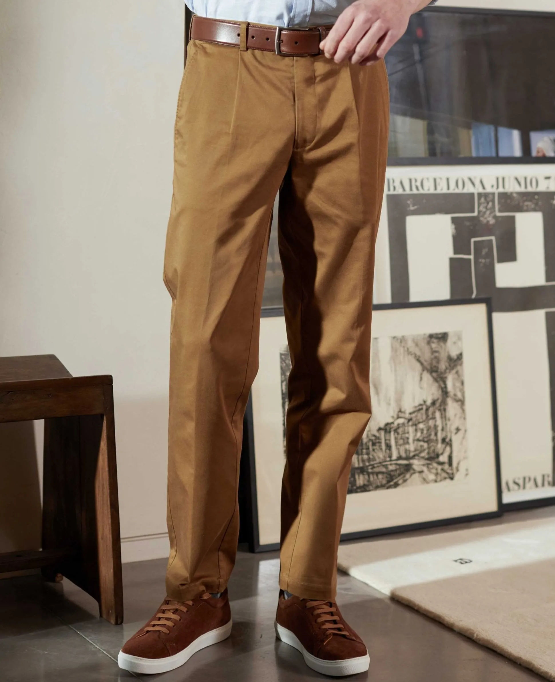 Cappuccino Brown Stretch Cotton Classic Fit Pleated Chinos