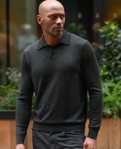 Charcoal Merino Wool Knitted Polo Shirt