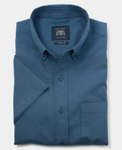 Dark Blue Linen Cotton Classic Fit Button-Down Short Sleeve Casual Shirt