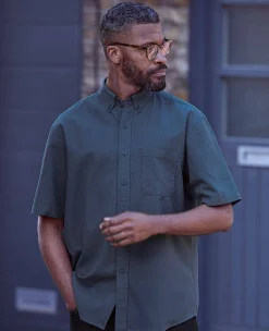 Dark Blue Linen Cotton Classic Fit Button-Down Short Sleeve Casual Shirt