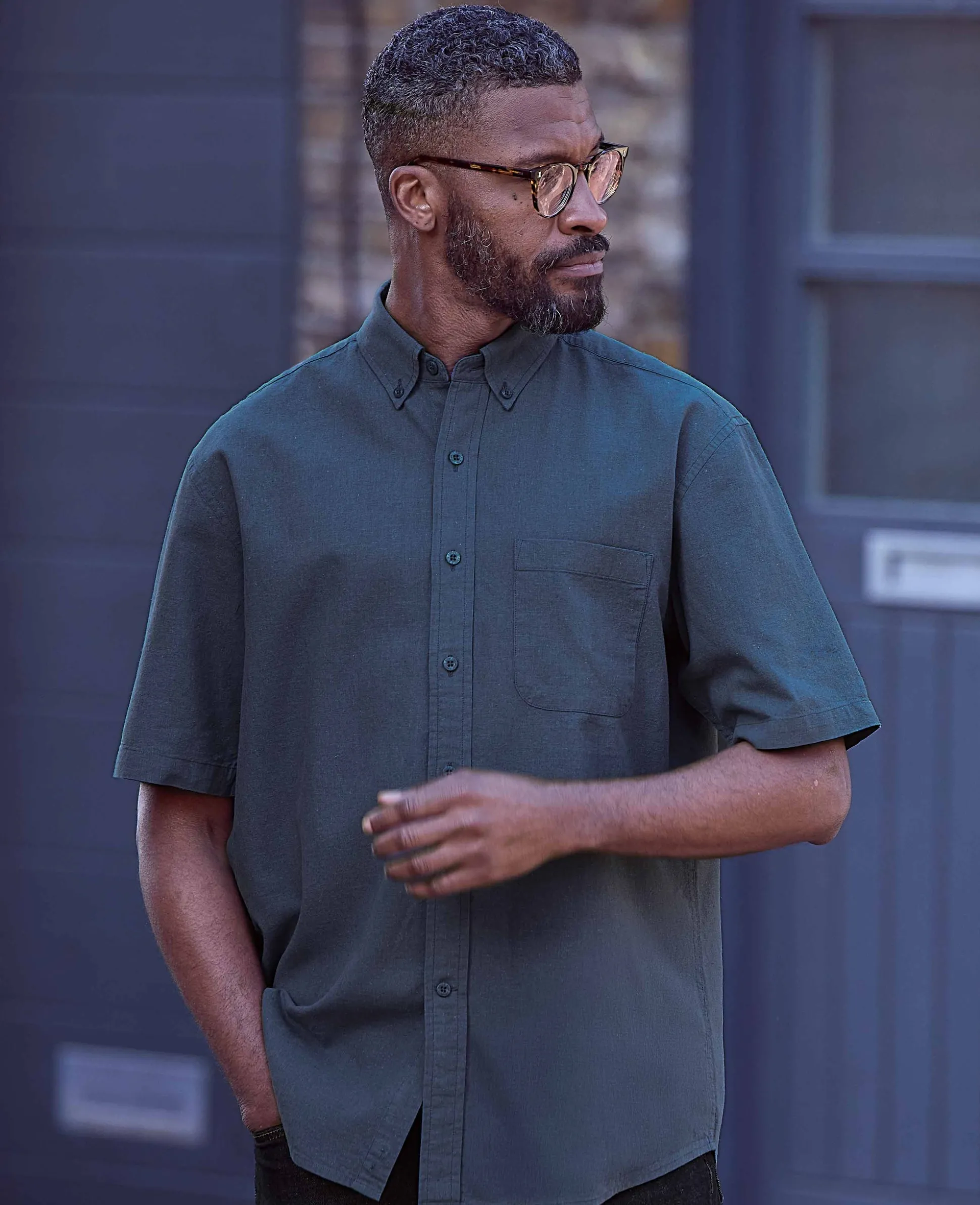 Dark Blue Linen Cotton Classic Fit Button-Down Short Sleeve Casual Shirt