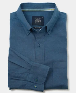 Dark Blue Linen Cotton Classic Fit Button-Down Casual Shirt