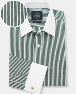 Dark Green Reverse Stripe Classic Fit Shirt With White Collar & Cuffs