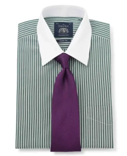 Dark Green Reverse Stripe Classic Fit Shirt With White Collar & Cuffs