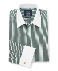 Dark Green Reverse Stripe Classic Fit Shirt With White Collar & Cuffs