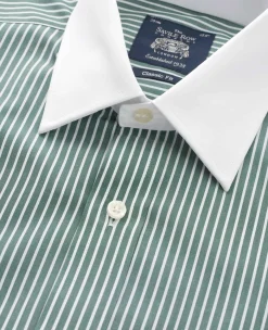 Dark Green Reverse Stripe Classic Fit Shirt With White Collar & Cuffs