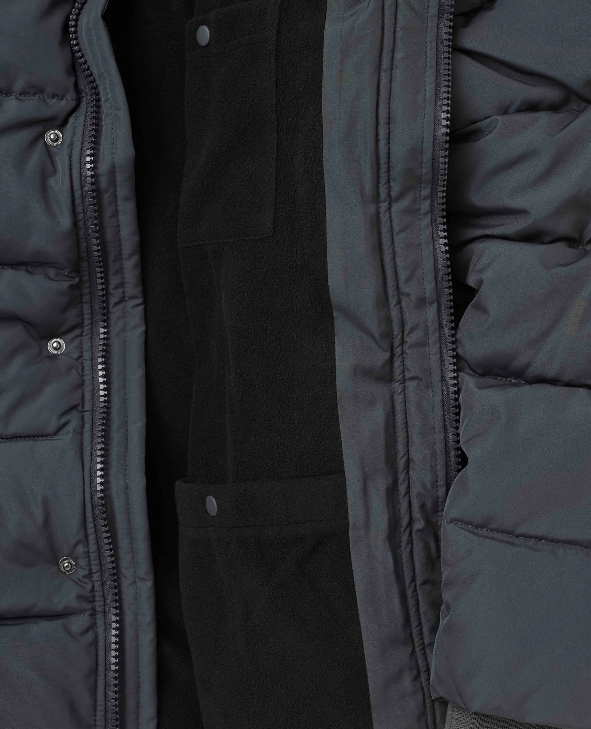 Dark Grey Hooded Puffer Jacket with Rib Knit Storm Cuffs