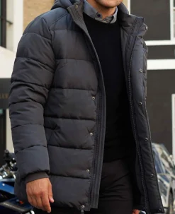 Dark Grey Hooded Puffer Jacket with Rib Knit Storm Cuffs