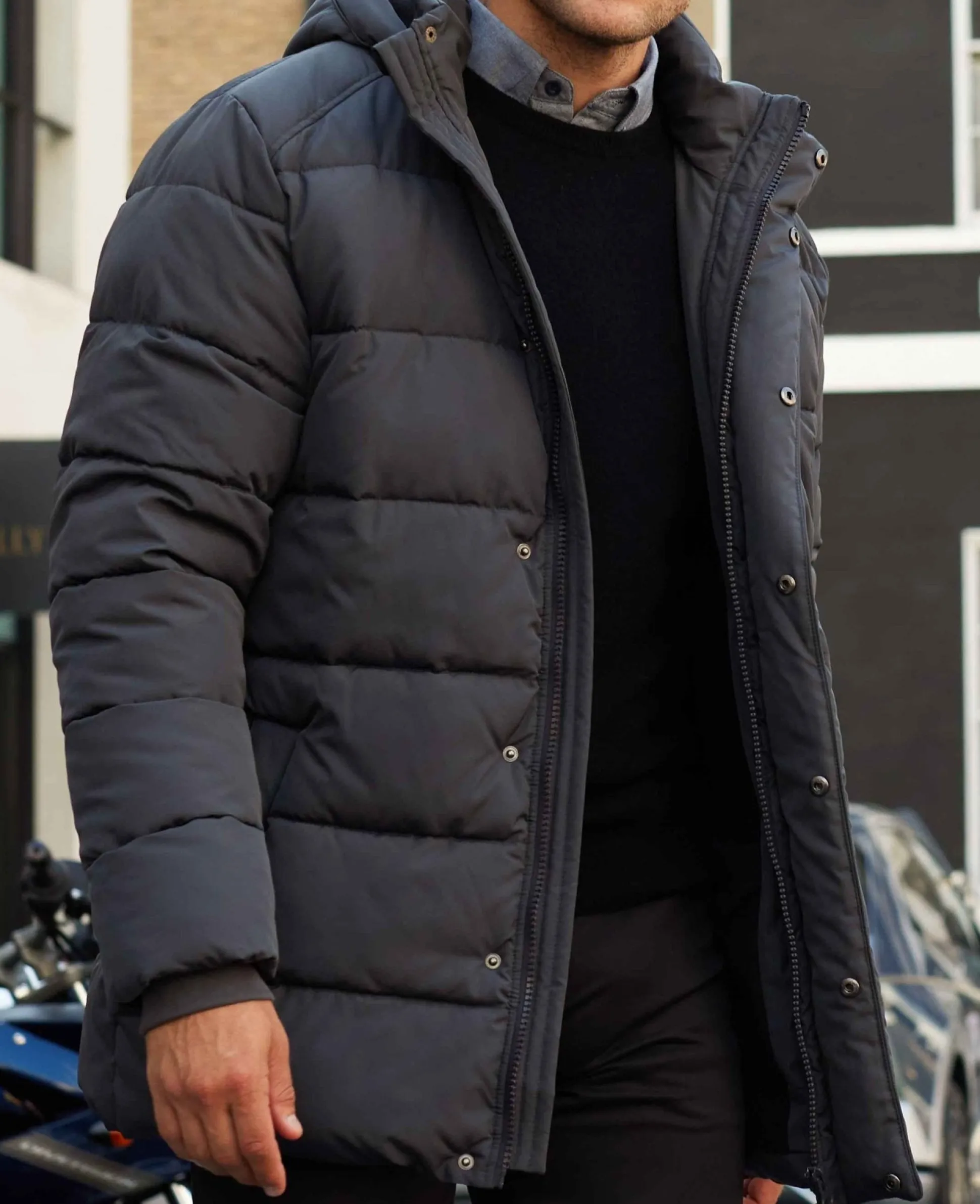 Dark Grey Hooded Puffer Jacket with Rib Knit Storm Cuffs