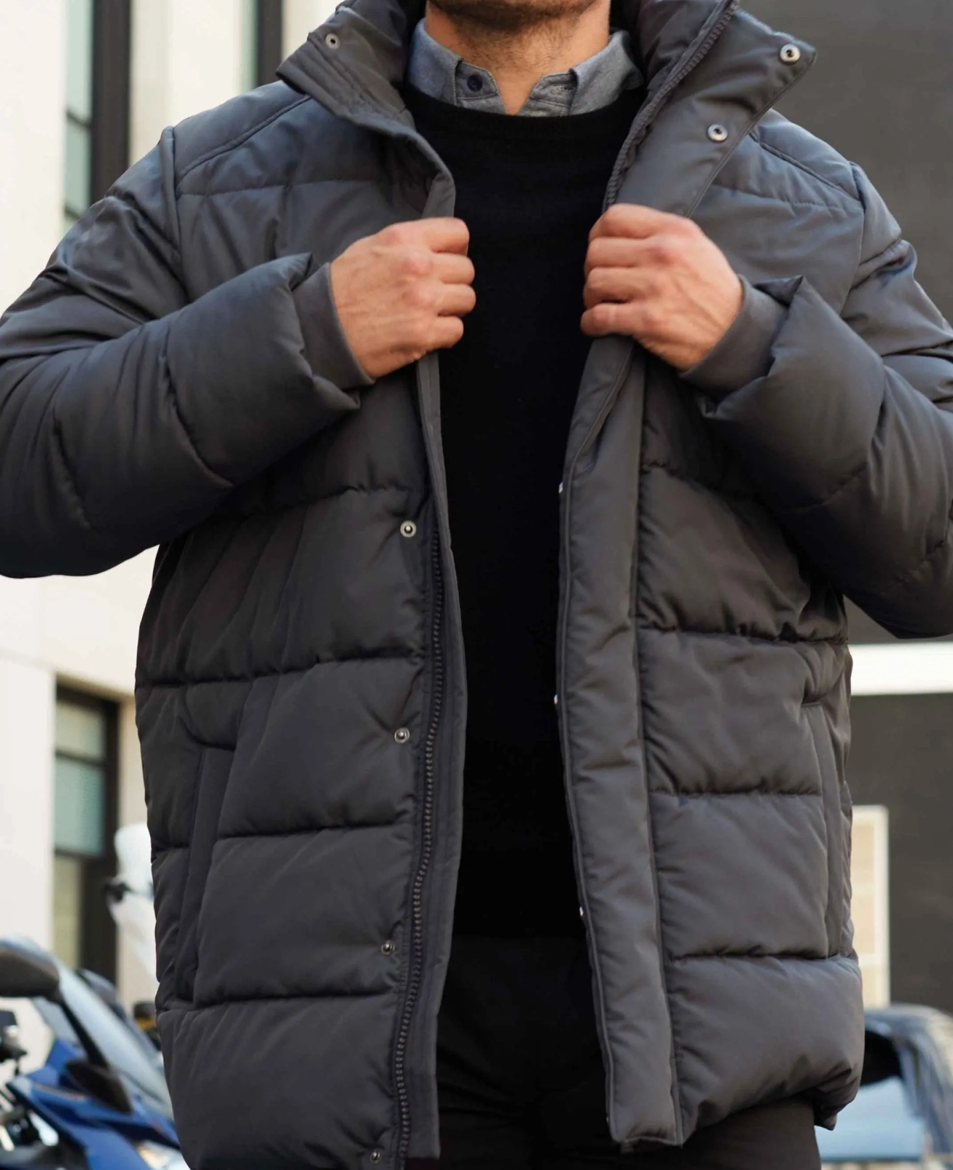Dark Grey Hooded Puffer Jacket with Rib Knit Storm Cuffs