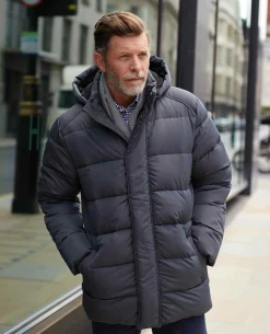 Dark Grey Hooded Puffer Jacket with Rib Knit Storm Cuffs