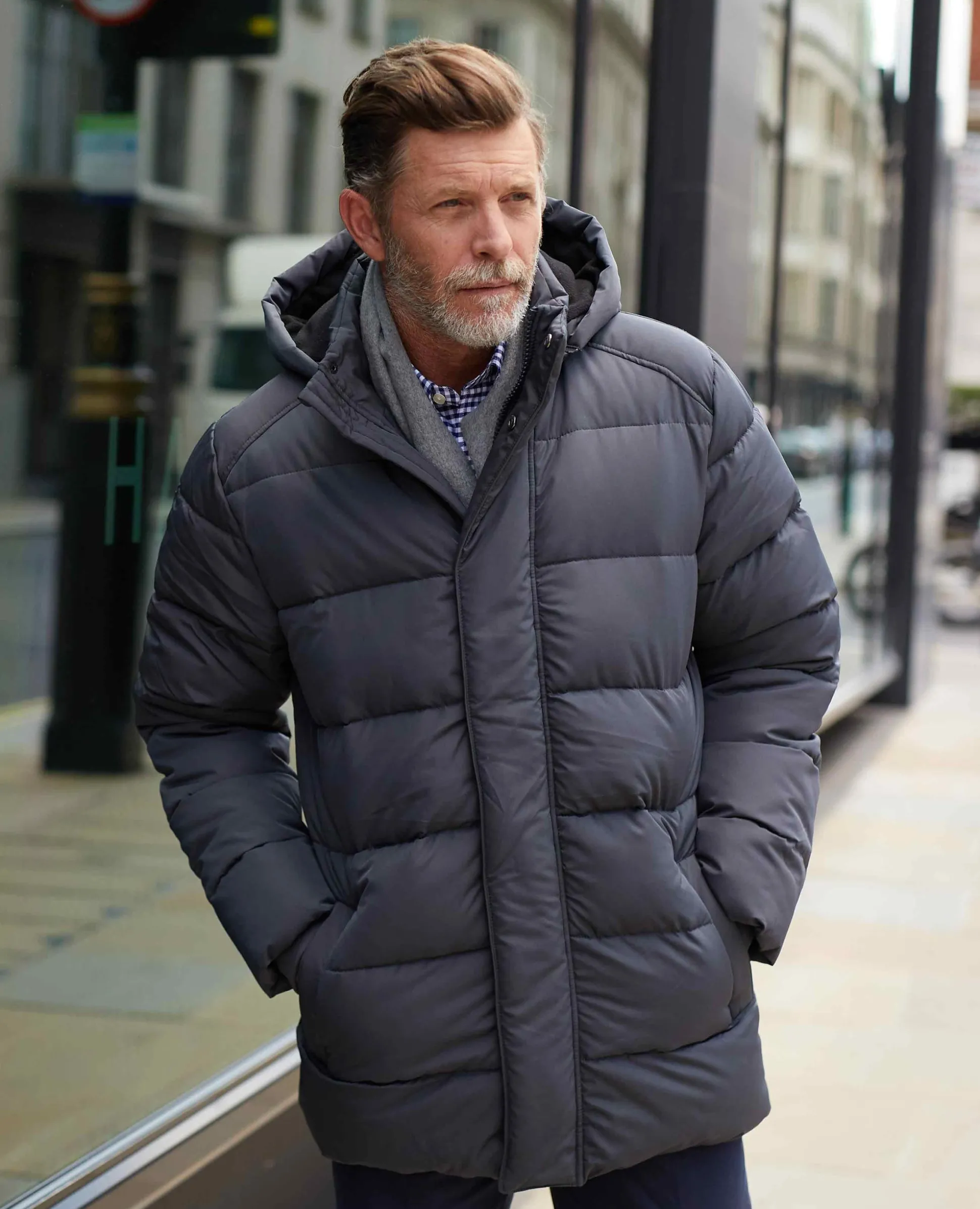 Dark Grey Hooded Puffer Jacket with Rib Knit Storm Cuffs