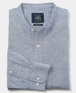 Denim Blue Linen Cotton Classic Fit Grandad Collar Casual Shirt
