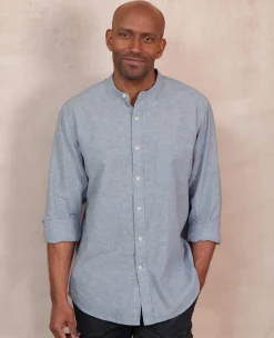 Denim Blue Linen Cotton Classic Fit Grandad Collar Casual Shirt