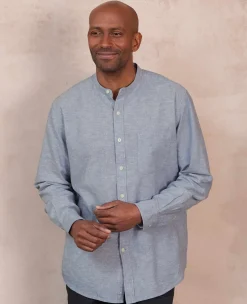Denim Blue Linen Cotton Classic Fit Grandad Collar Casual Shirt