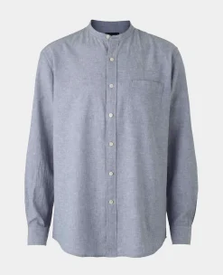Denim Blue Linen Cotton Classic Fit Grandad Collar Casual Shirt