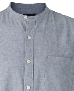 Denim Blue Linen Cotton Classic Fit Grandad Collar Casual Shirt