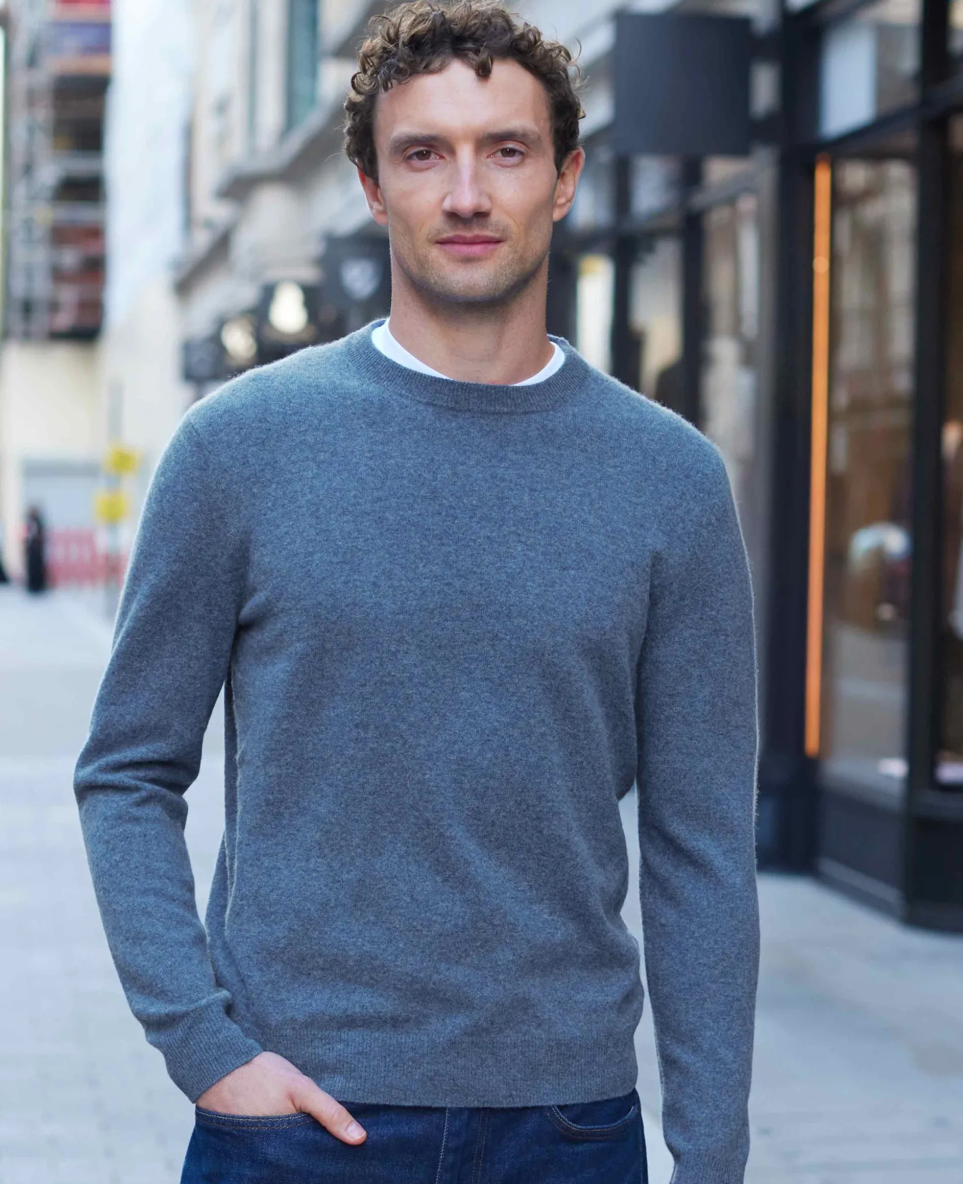 Denim Blue Merino Wool Cashmere Crew Neck Jumper