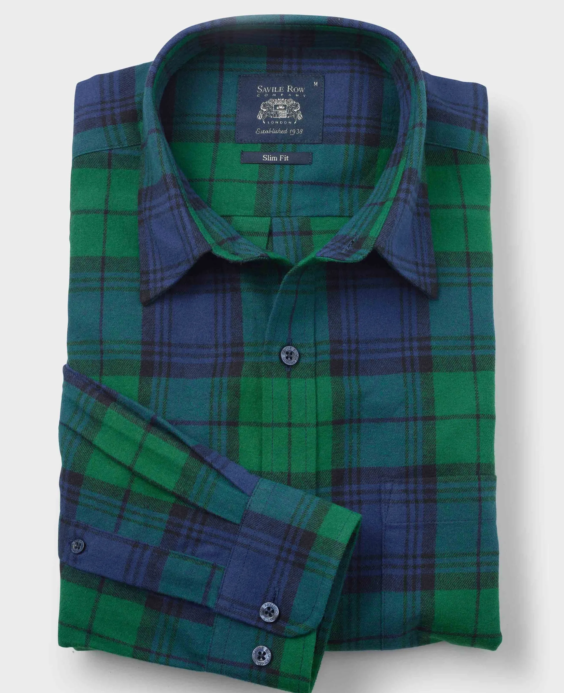 Green Blue Brushed Cotton Check Slim Fit Casual Shirt
