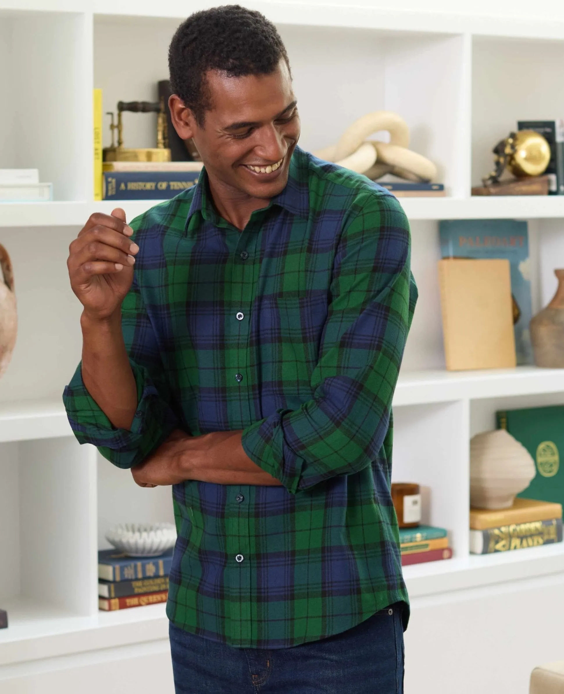 Green Blue Brushed Cotton Check Slim Fit Casual Shirt