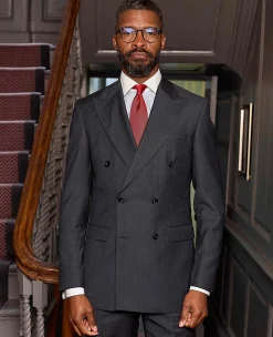 Grey Wool Blend Chalk Stripe Double Breasted Tailored Suit