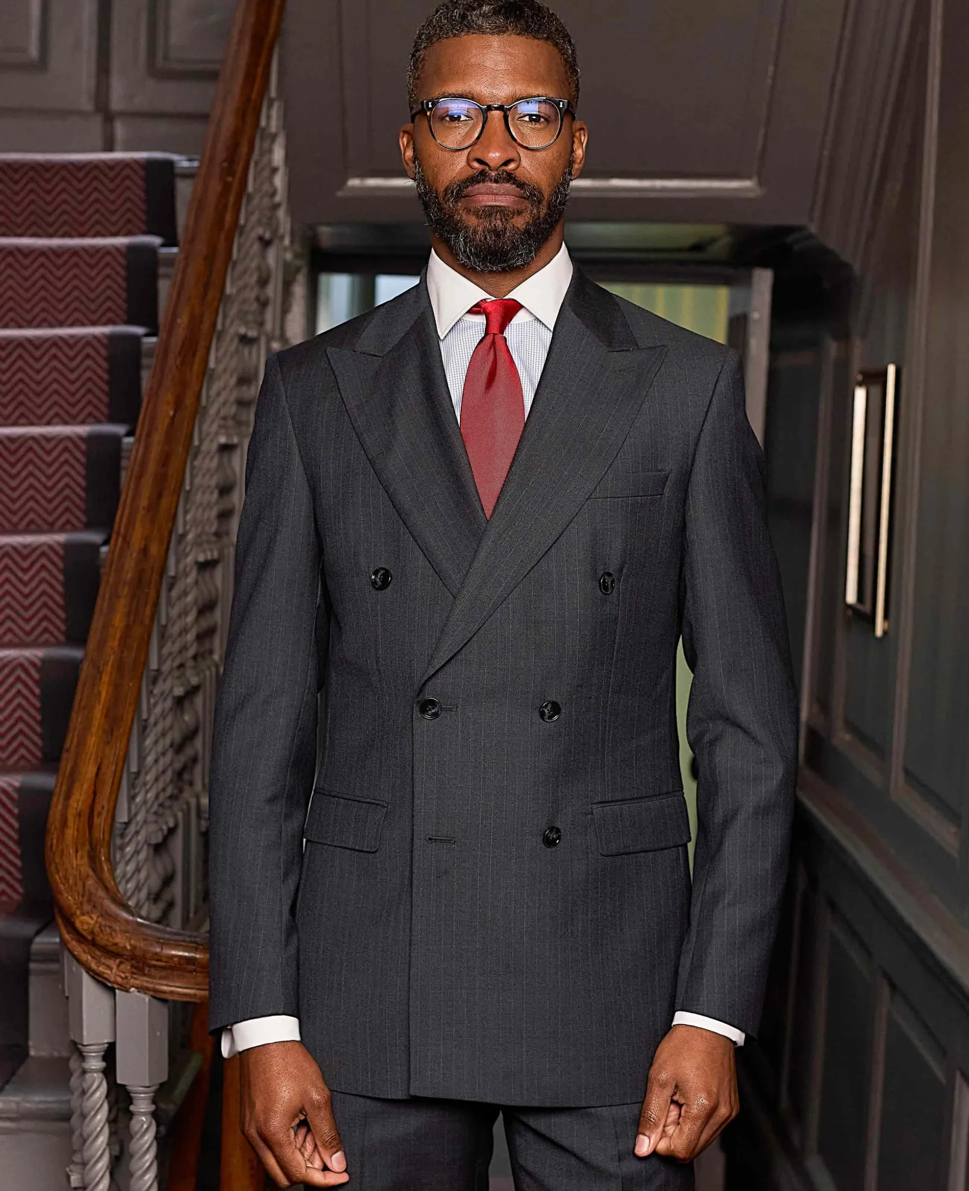 Grey Wool Blend Chalk Stripe Double Breasted Tailored Suit