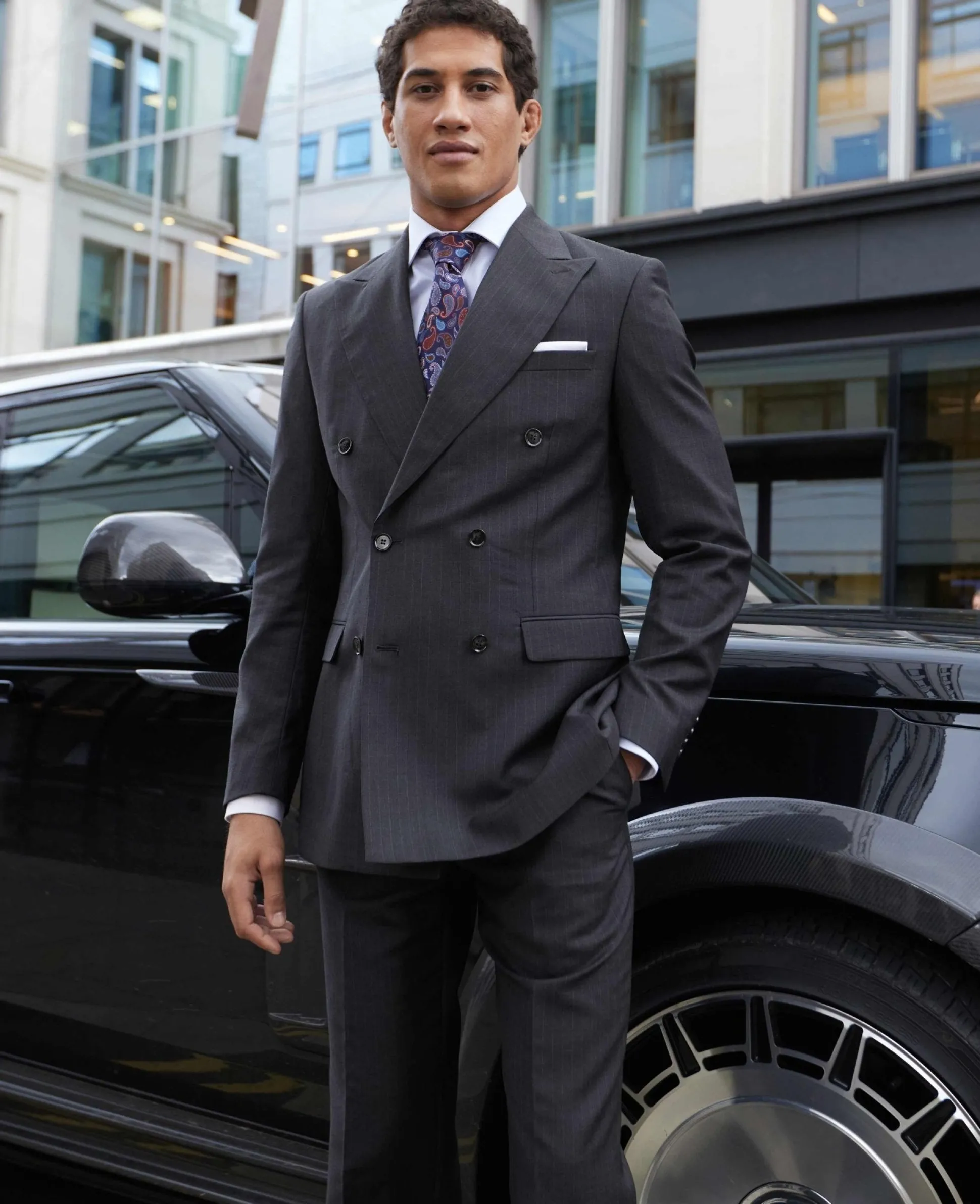 Grey Wool Blend Chalk Stripe Double Breasted Tailored Suit