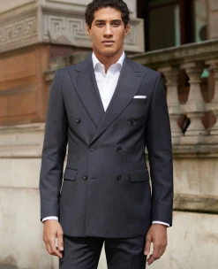 Grey Wool Blend Chalk Stripe Double Breasted Tailored Suit
