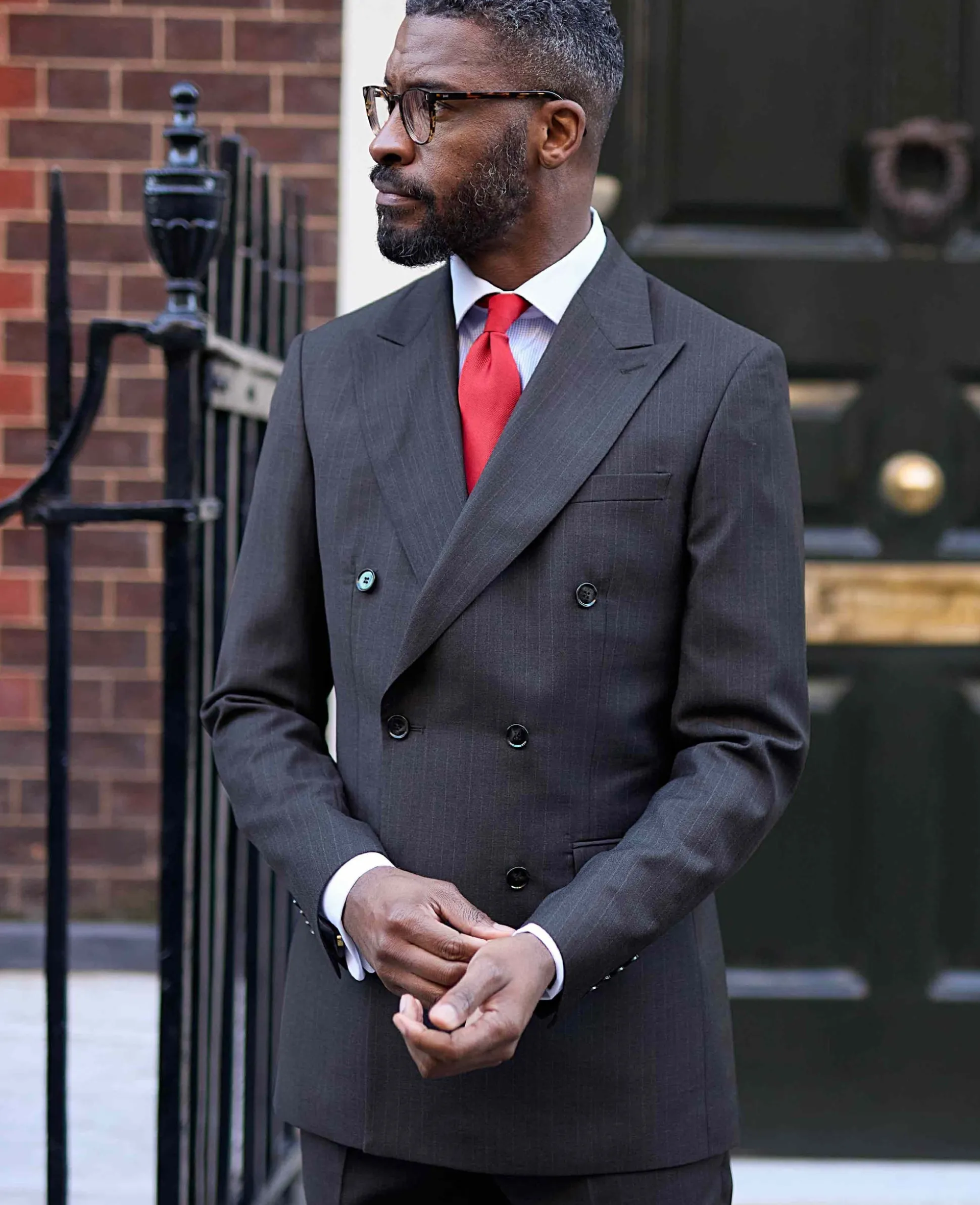 Grey Wool Blend Chalk Stripe Double Breasted Tailored Suit