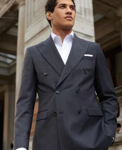 Grey Wool Blend Chalk Stripe Double Breasted Tailored Suit