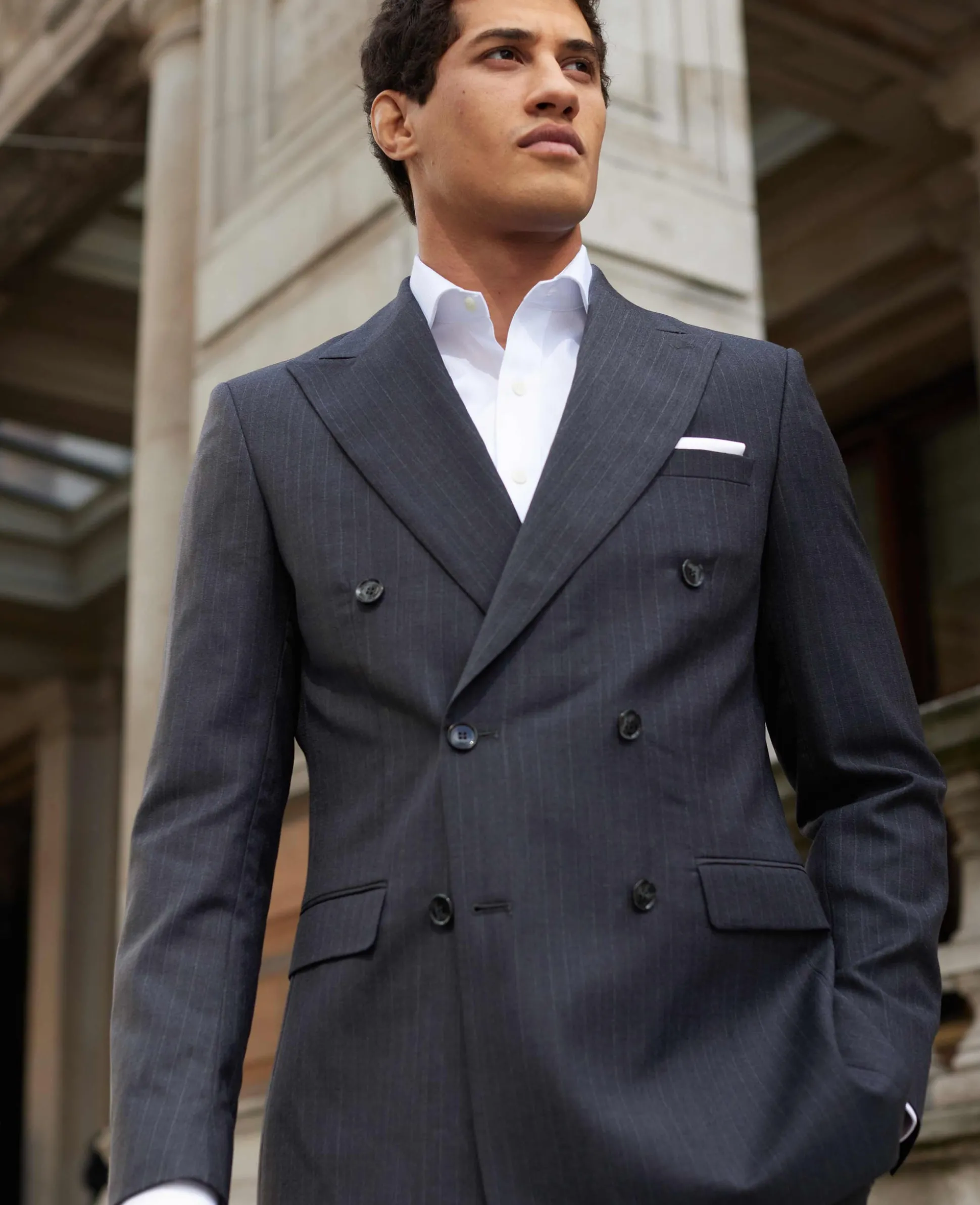 Grey Wool Blend Chalk Stripe Double Breasted Tailored Suit