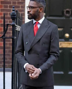 Grey Wool Blend Chalk Stripe Double Breasted Suit Jacket