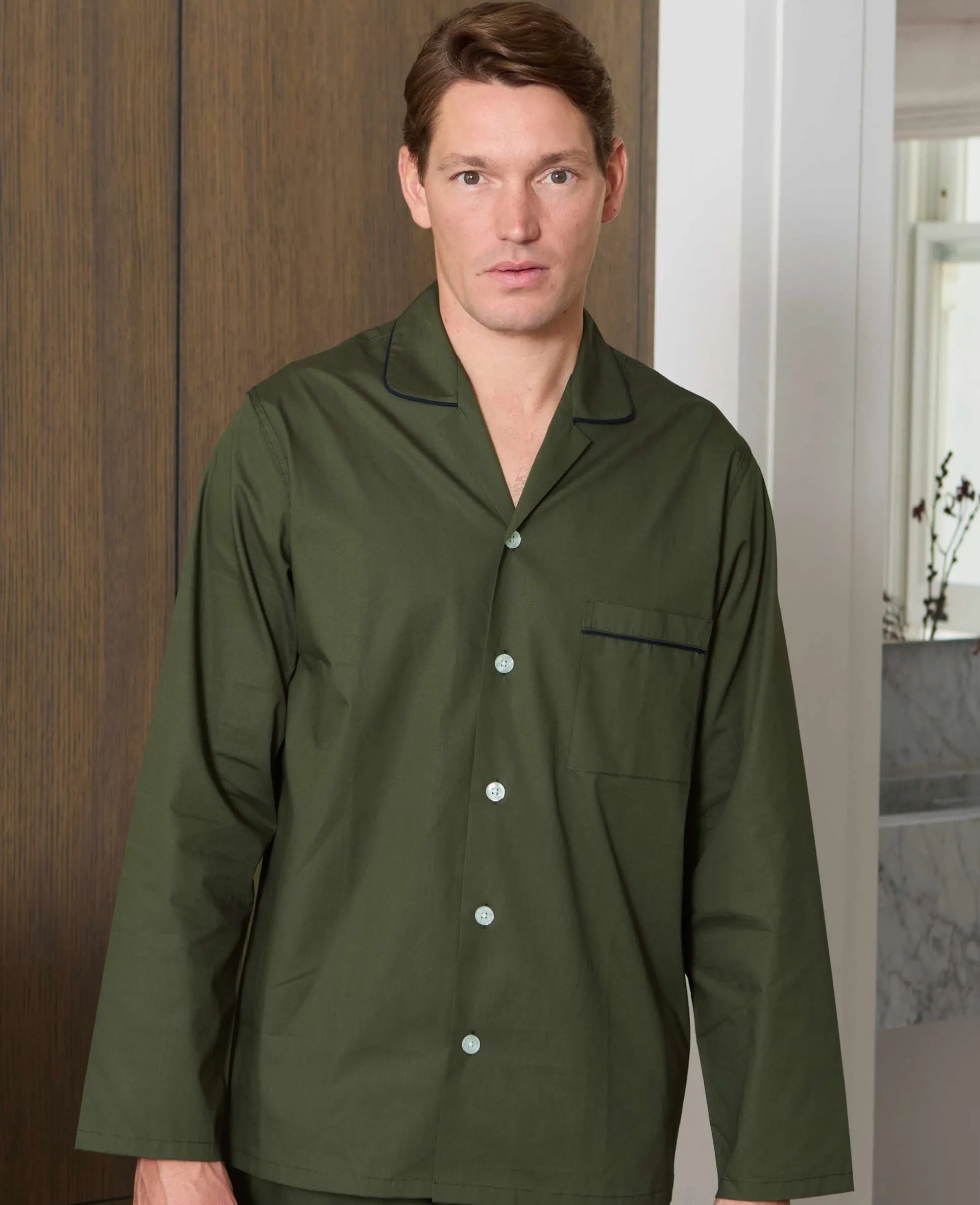 Khaki Cotton Piped Pyjamas