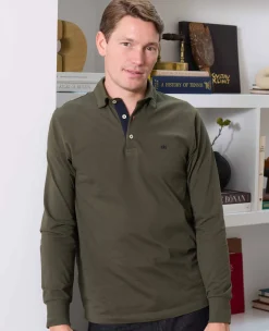 Khaki Cotton Pique Long Sleeve Polo Shirt
