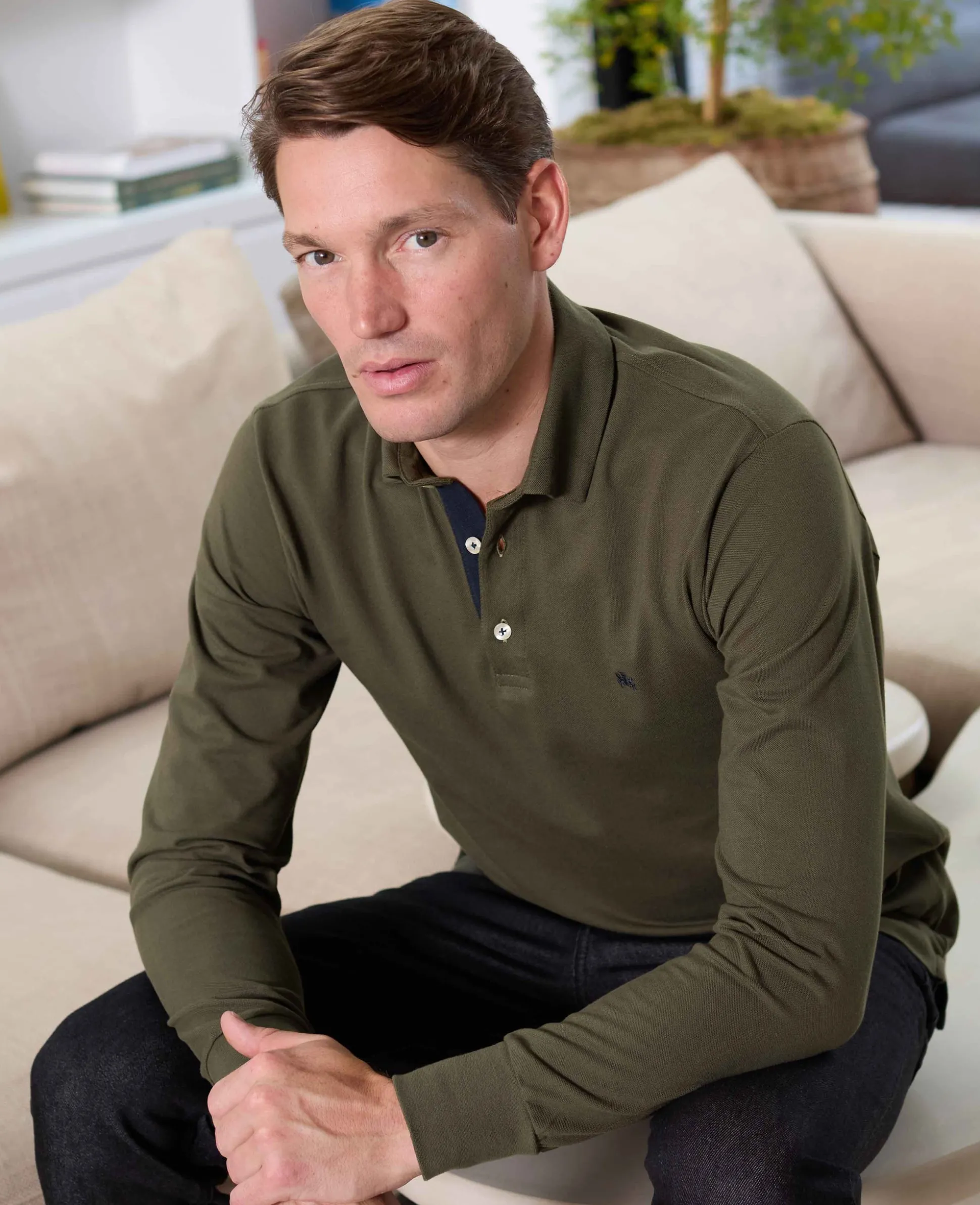 Khaki Cotton Pique Long Sleeve Polo Shirt