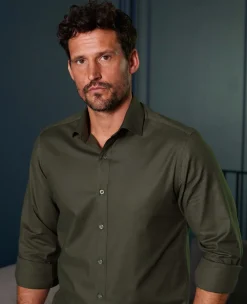 Khaki Stretch Cotton Slim Fit Formal Shirt - Single Cuff