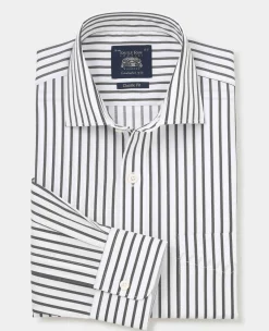 Khaki White Stripe Cotton Classic Fit Formal Shirt - Single Cuff